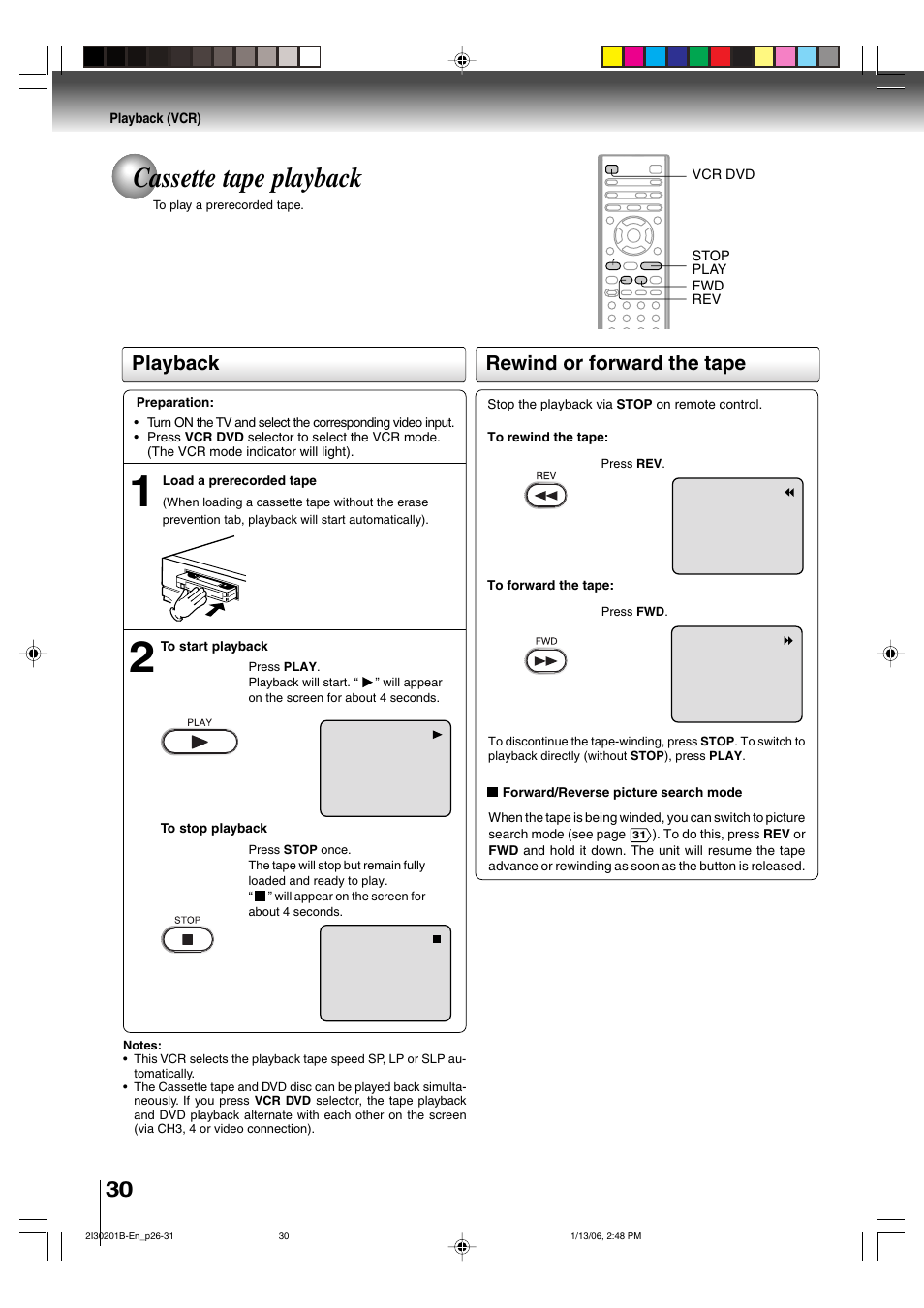 Cassette tape playback, Playback rewind or forward the tape | Toshiba SD-KV550SU User Manual | Page 30 / 72