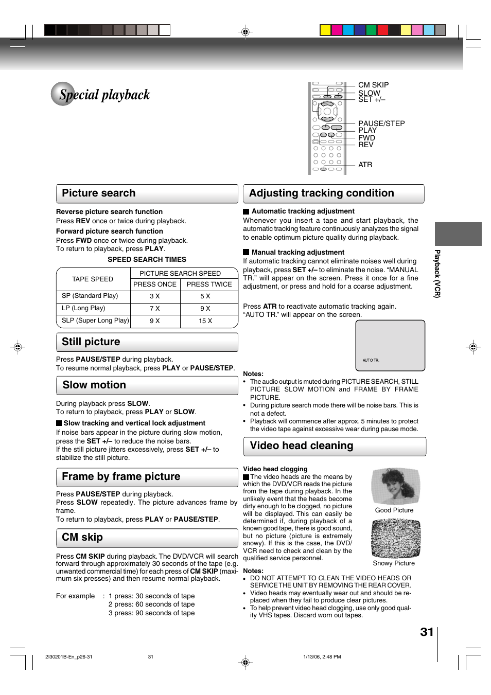 Special playback, Picture search, Video head cleaning | Cm skip | Toshiba SD-KV550SU User Manual | Page 31 / 72