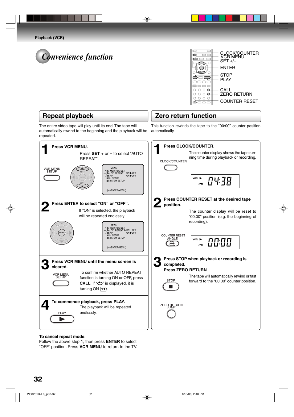 Convenience function, Repeat playback, Zero return function | Toshiba SD-KV550SU User Manual | Page 32 / 72