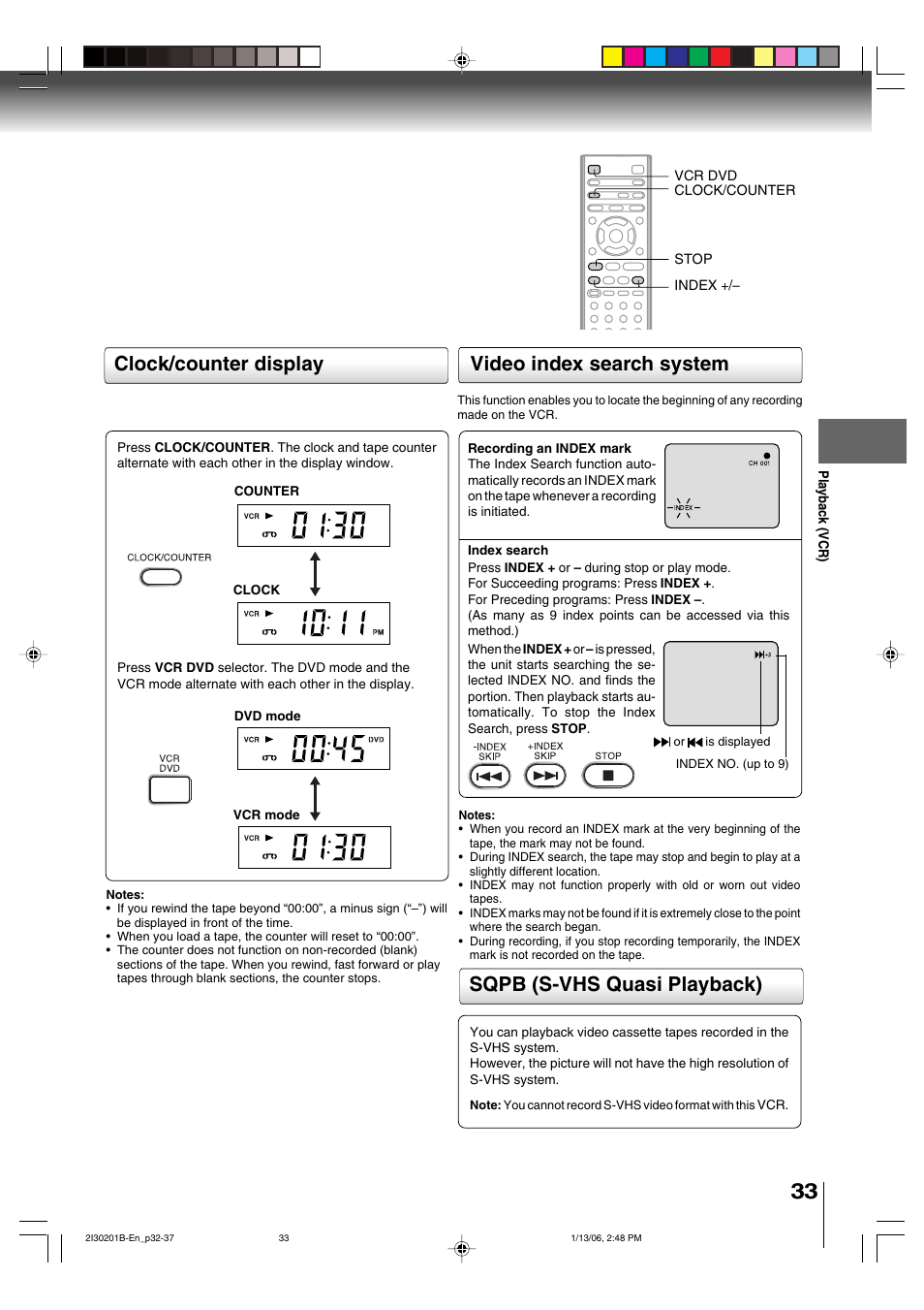 Sqpb (s-vhs quasi playback), Video index search system, Clock/counter display | Toshiba SD-KV550SU User Manual | Page 33 / 72