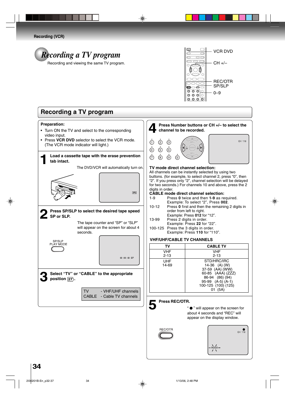 Recording a tv program | Toshiba SD-KV550SU User Manual | Page 34 / 72