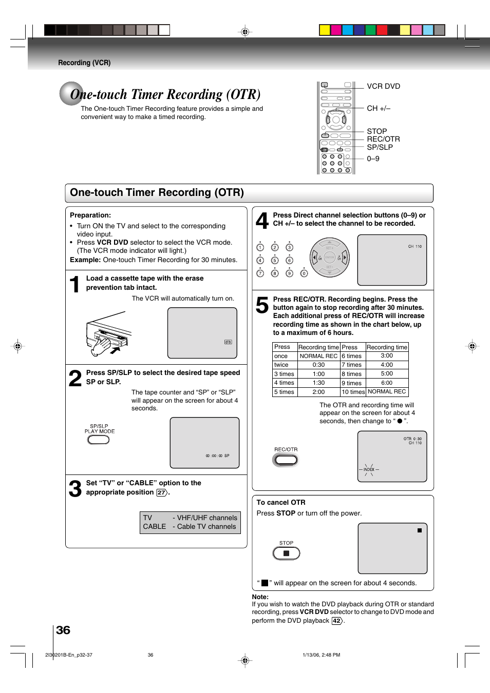 One-touch timer recording (otr) | Toshiba SD-KV550SU User Manual | Page 36 / 72