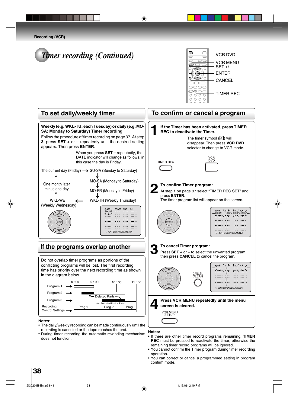 Timer recording (continued), Setting procedure to set daily/weekly timer, If the programs overlap another | Toshiba SD-KV550SU User Manual | Page 38 / 72