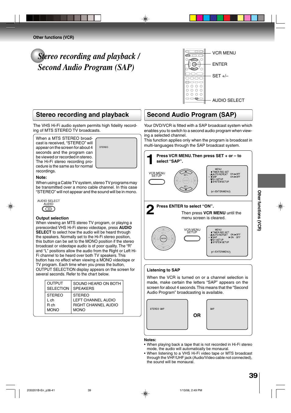 Stereo recording and playback, Second audio program (sap) | Toshiba SD-KV550SU User Manual | Page 39 / 72