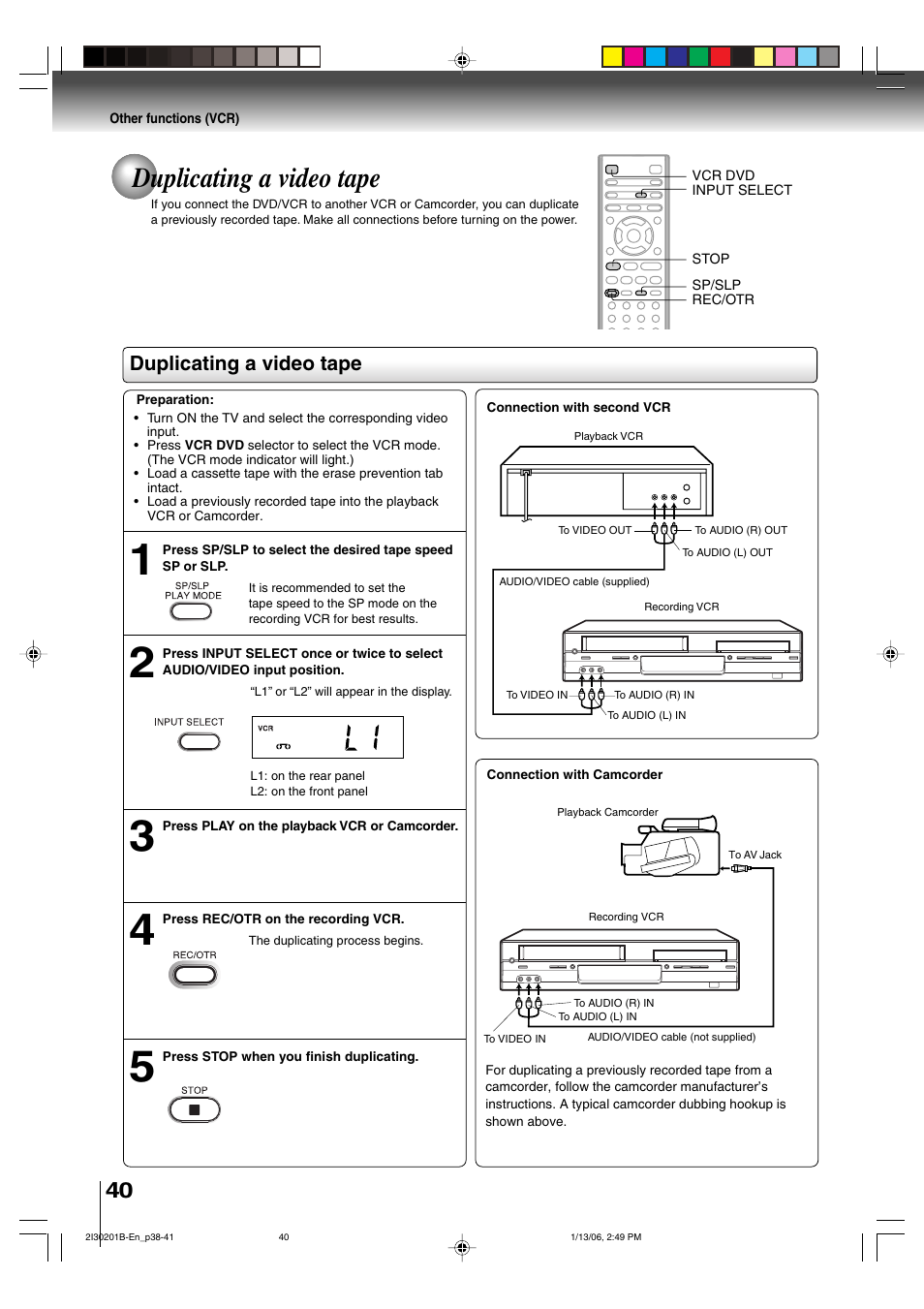 Duplicating a video tape | Toshiba SD-KV550SU User Manual | Page 40 / 72