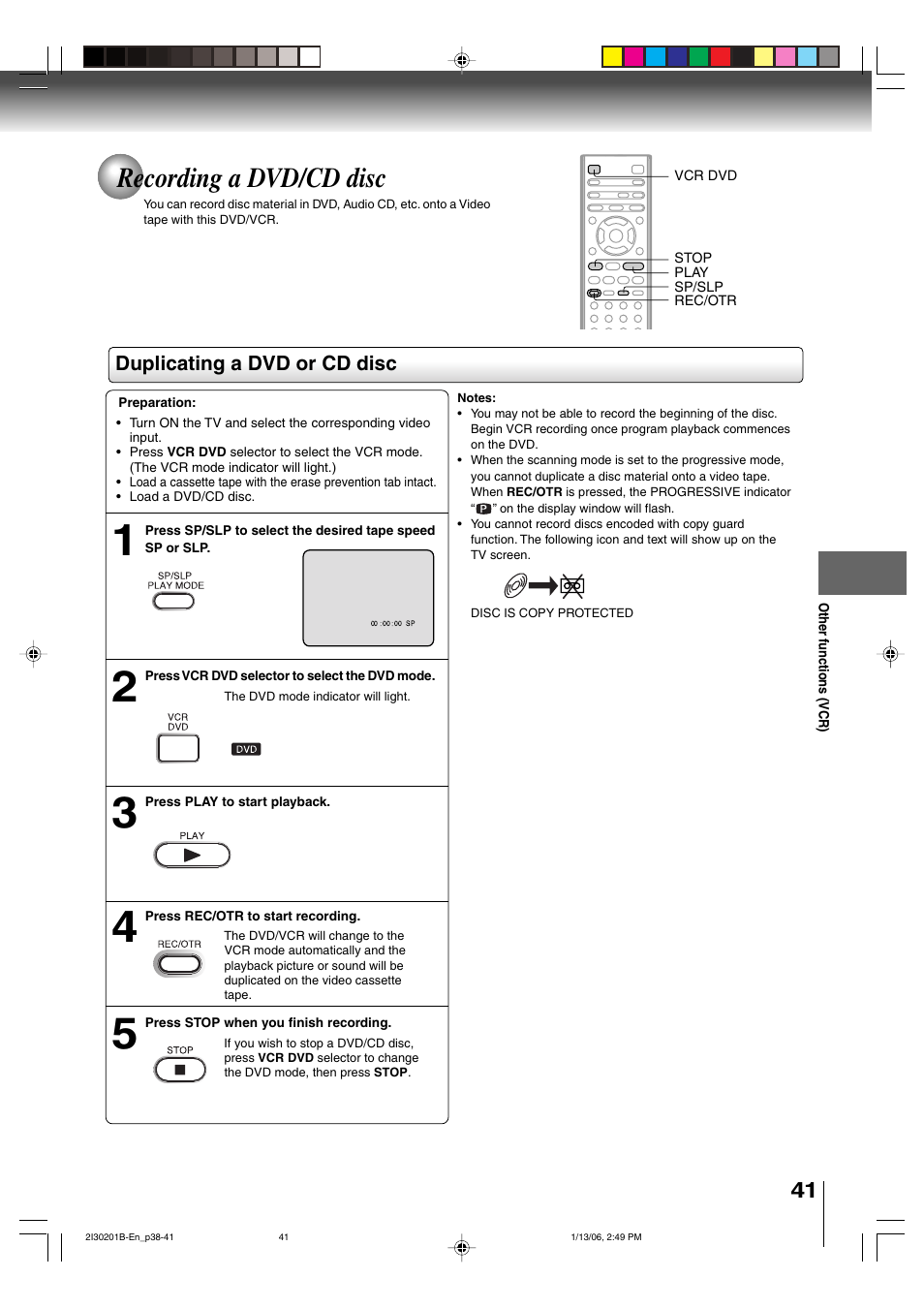 Recording a dvd/cd disc | Toshiba SD-KV550SU User Manual | Page 41 / 72