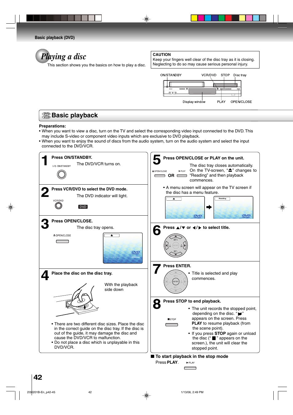 Playing a disc, Basic playback | Toshiba SD-KV550SU User Manual | Page 42 / 72