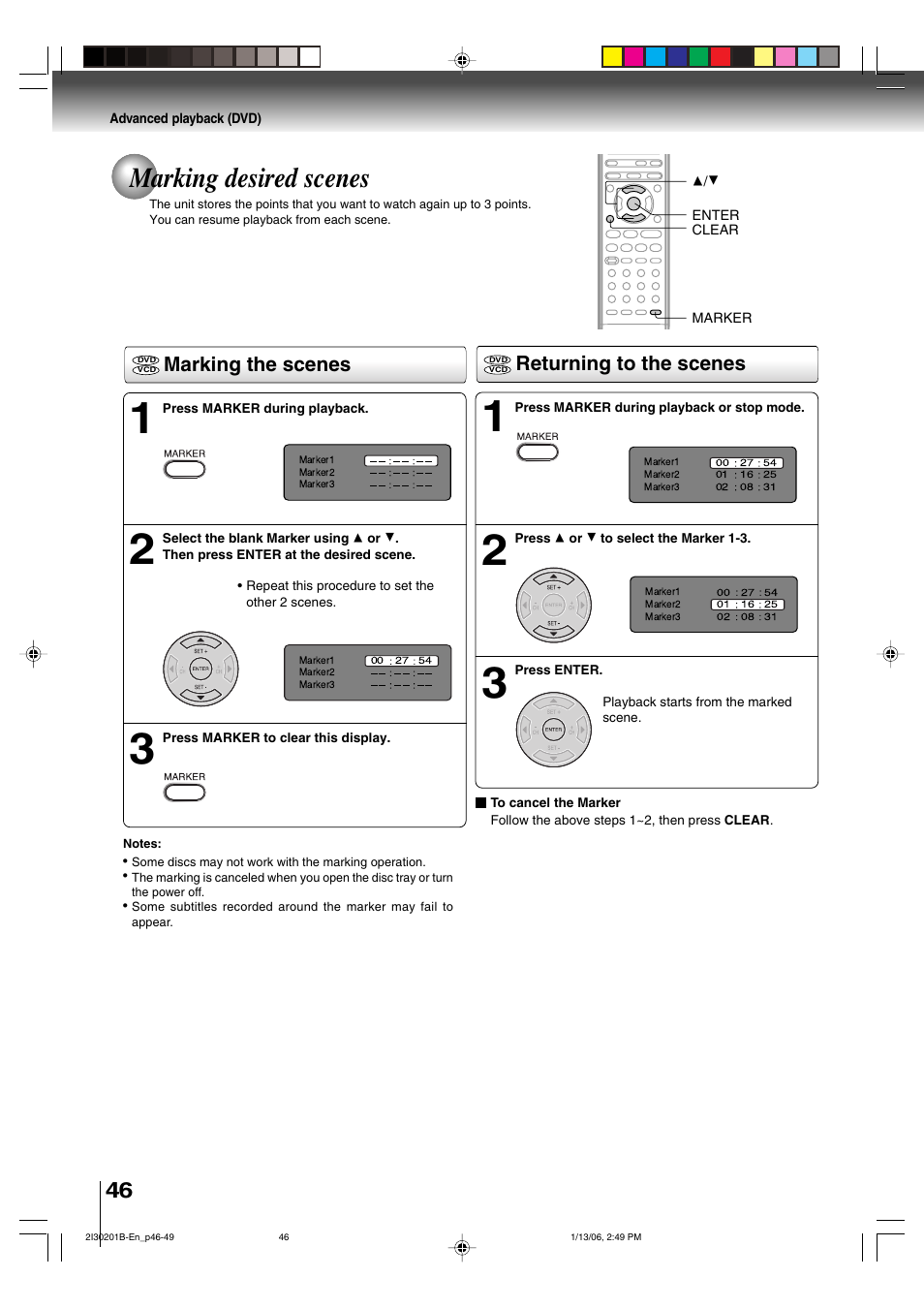 Marking desired scenes, Marking the scenes returning to the scenes | Toshiba SD-KV550SU User Manual | Page 46 / 72