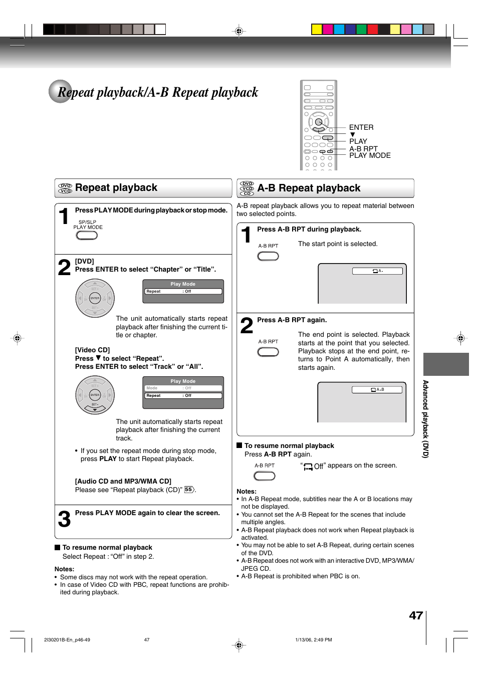 Repeat playback/a-b repeat playback, Repeat playback, A-b repeat playback | Toshiba SD-KV550SU User Manual | Page 47 / 72