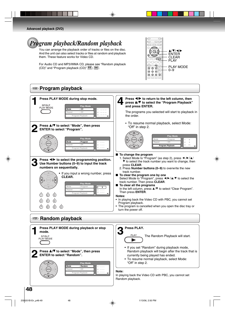 Program playback/random playback, Program playback, Random playback | Toshiba SD-KV550SU User Manual | Page 48 / 72