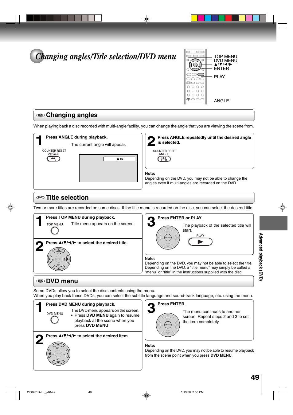 Changing angles/title selection/dvd menu, Changing angles title selection dvd menu | Toshiba SD-KV550SU User Manual | Page 49 / 72