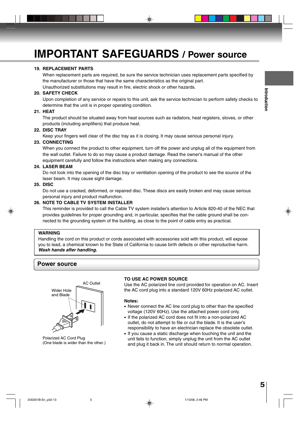 Important safeguards, Power source | Toshiba SD-KV550SU User Manual | Page 5 / 72