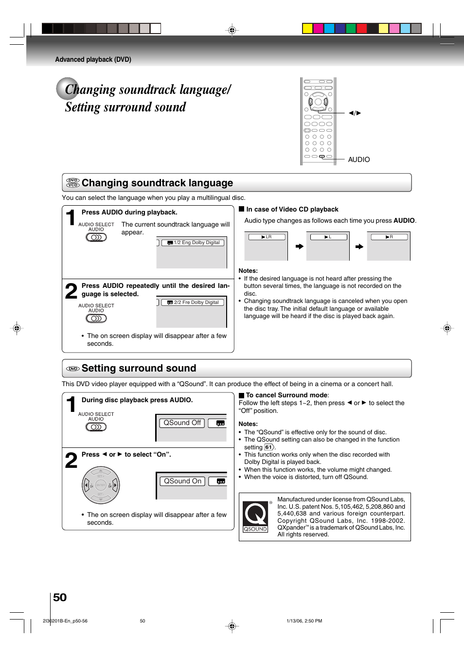 Changing soundtrack language, Setting surround sound | Toshiba SD-KV550SU User Manual | Page 50 / 72