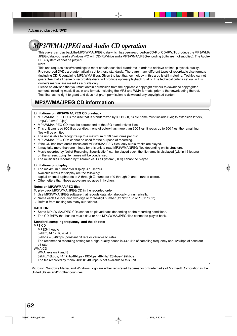 Mp3/wma/jpeg and audio cd operation, Mp3/wma/jpeg cd information | Toshiba SD-KV550SU User Manual | Page 52 / 72