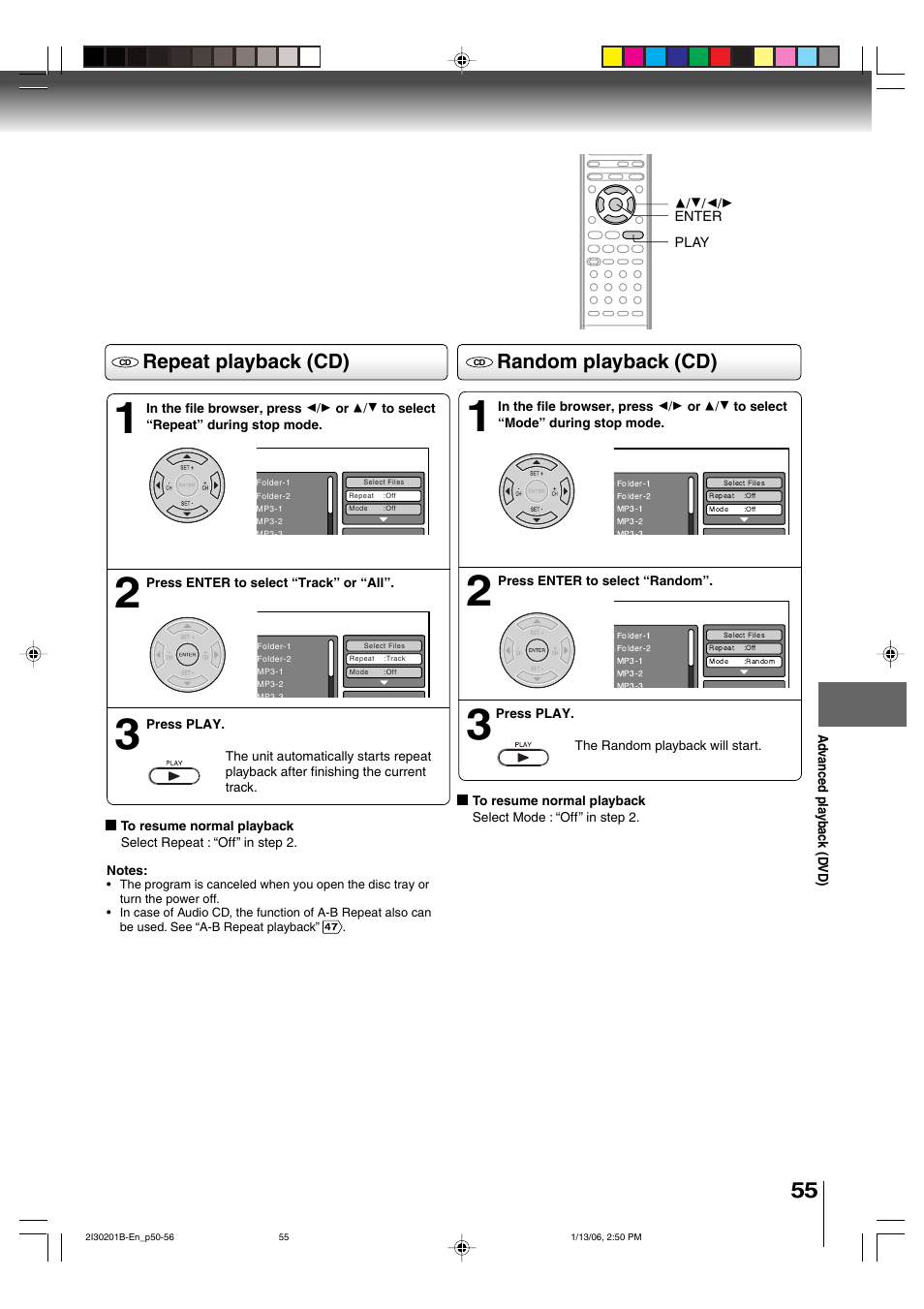 Repeat playback (cd), Random playback (cd) | Toshiba SD-KV550SU User Manual | Page 55 / 72