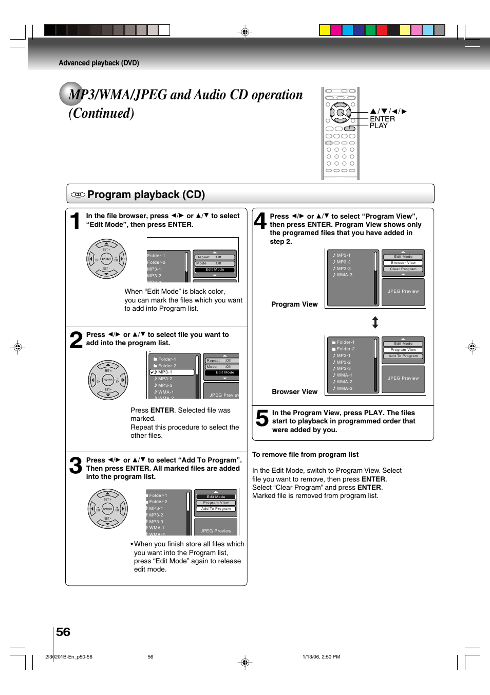 Mp3/wma/jpeg and audio cd operation (continued), Program playback (cd) | Toshiba SD-KV550SU User Manual | Page 56 / 72