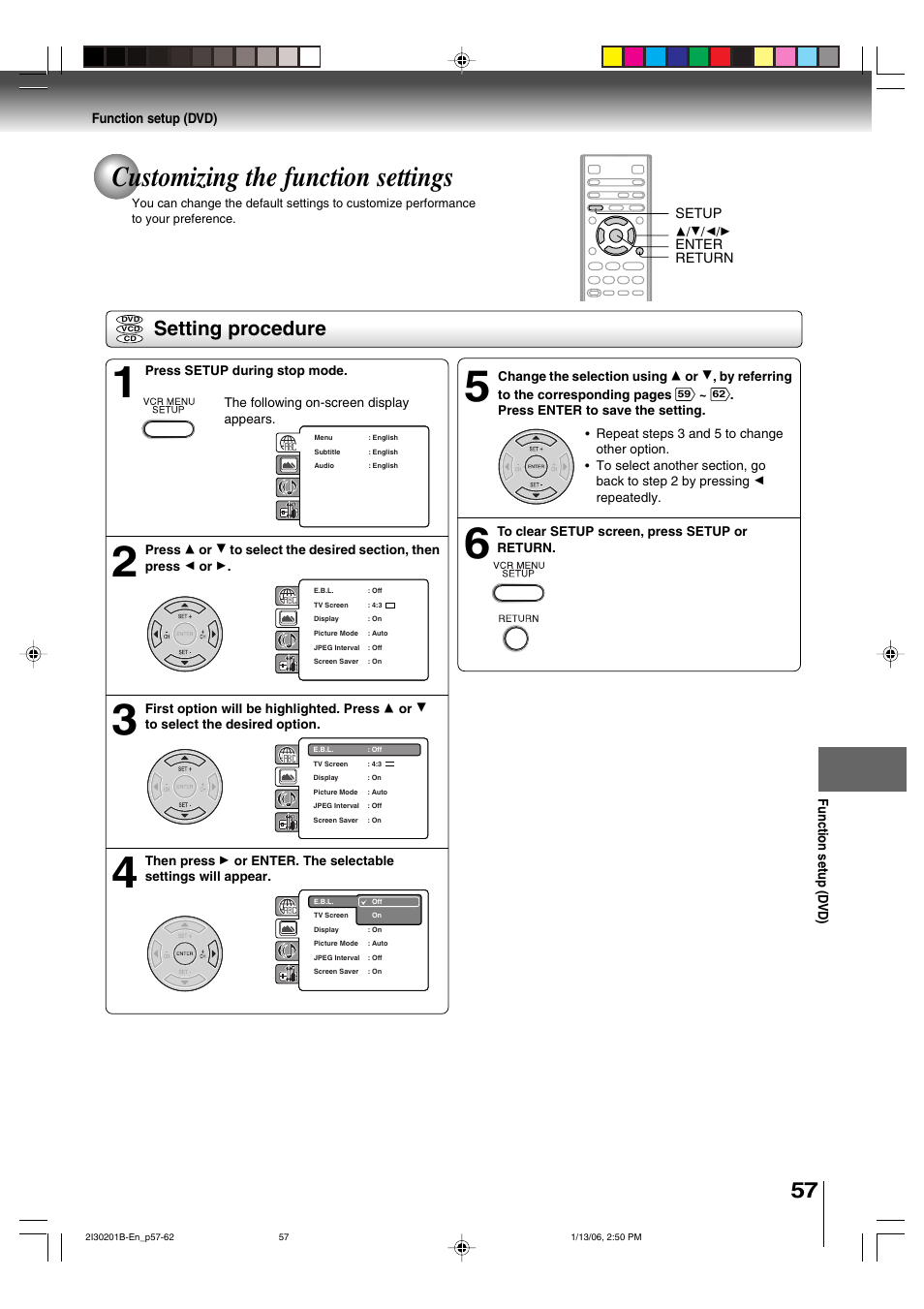 Customizing the function settings, Setting procedure, Function setup (d vd) | Enter, Setup, Return, Function setup (dvd) | Toshiba SD-KV550SU User Manual | Page 57 / 72