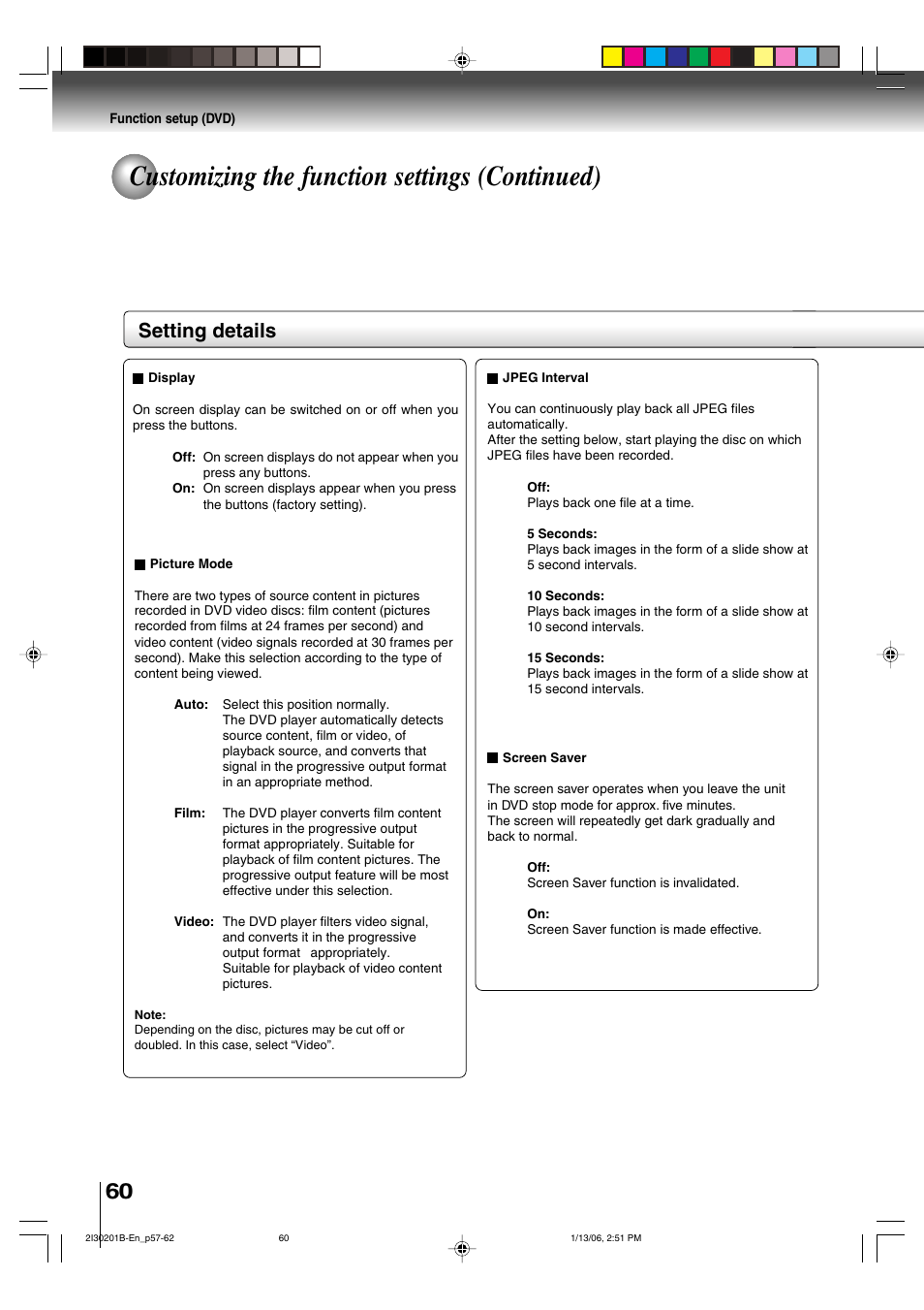 Customizing the function settings (continued), Setting details | Toshiba SD-KV550SU User Manual | Page 60 / 72