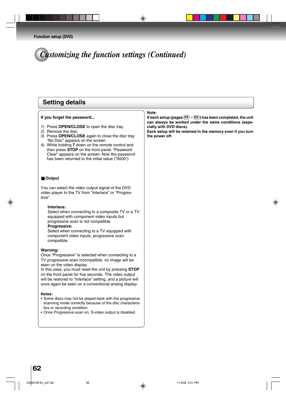 Customizing the function settings (continued), Setting details | Toshiba SD-KV550SU User Manual | Page 62 / 72