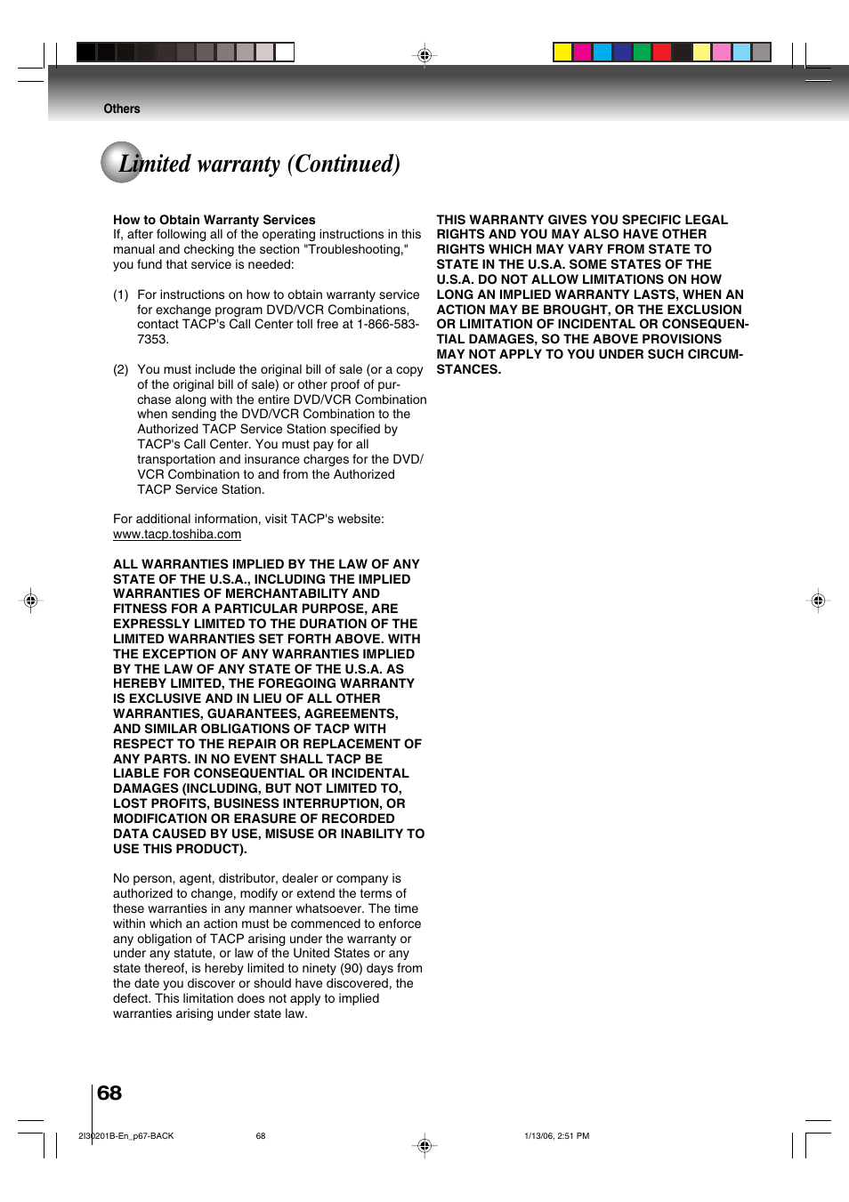 Limited warranty (continued) | Toshiba SD-KV550SU User Manual | Page 68 / 72