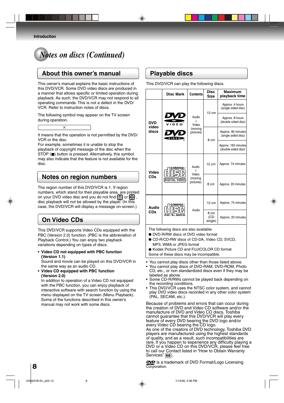 About this owner’s manual, On video cds, Playable discs | Toshiba SD-KV550SU User Manual | Page 8 / 72