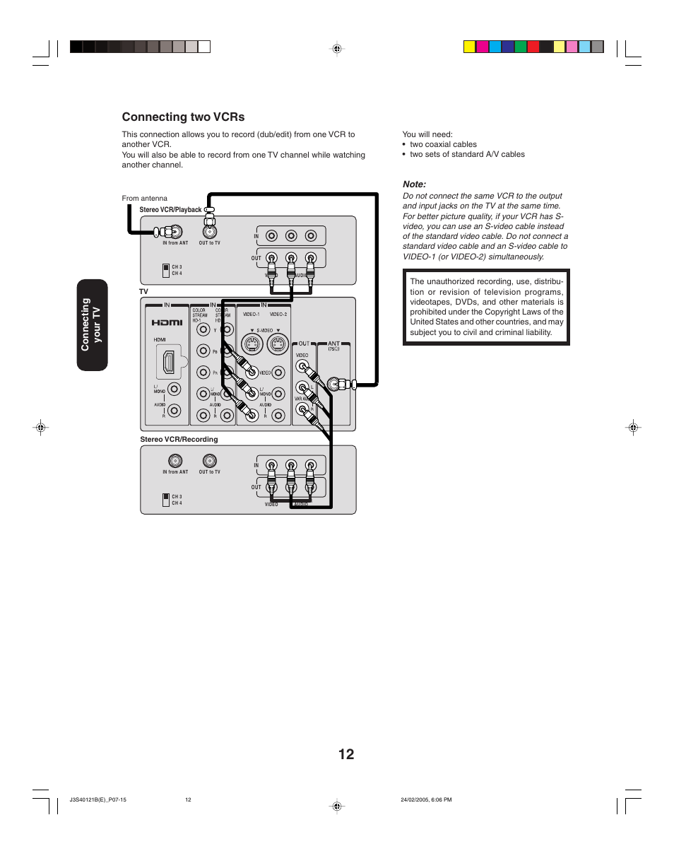 Connecting two vcrs, Connecting your tv | Toshiba 26HF85 User Manual | Page 12 / 44