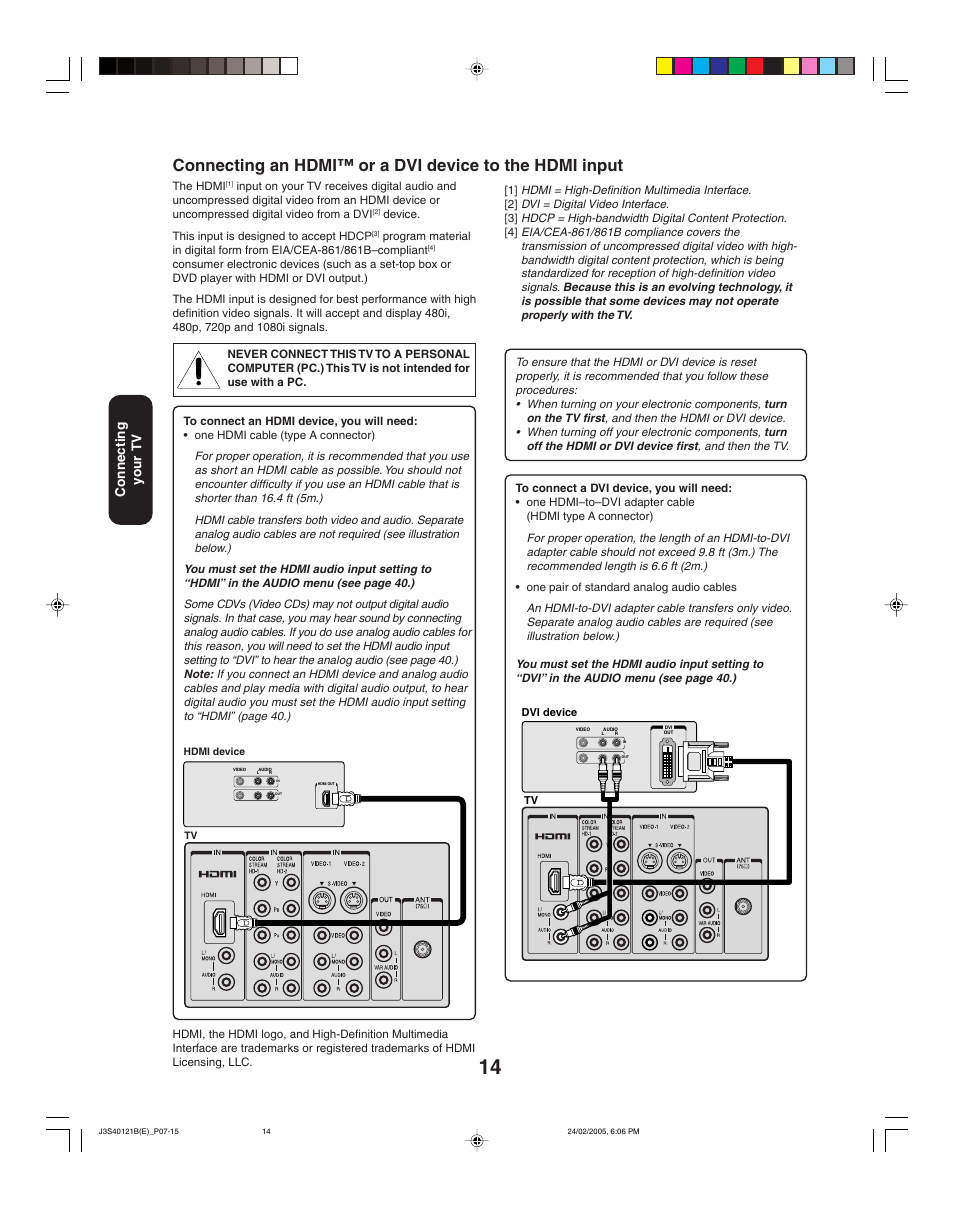 Connecting your tv | Toshiba 26HF85 User Manual | Page 14 / 44