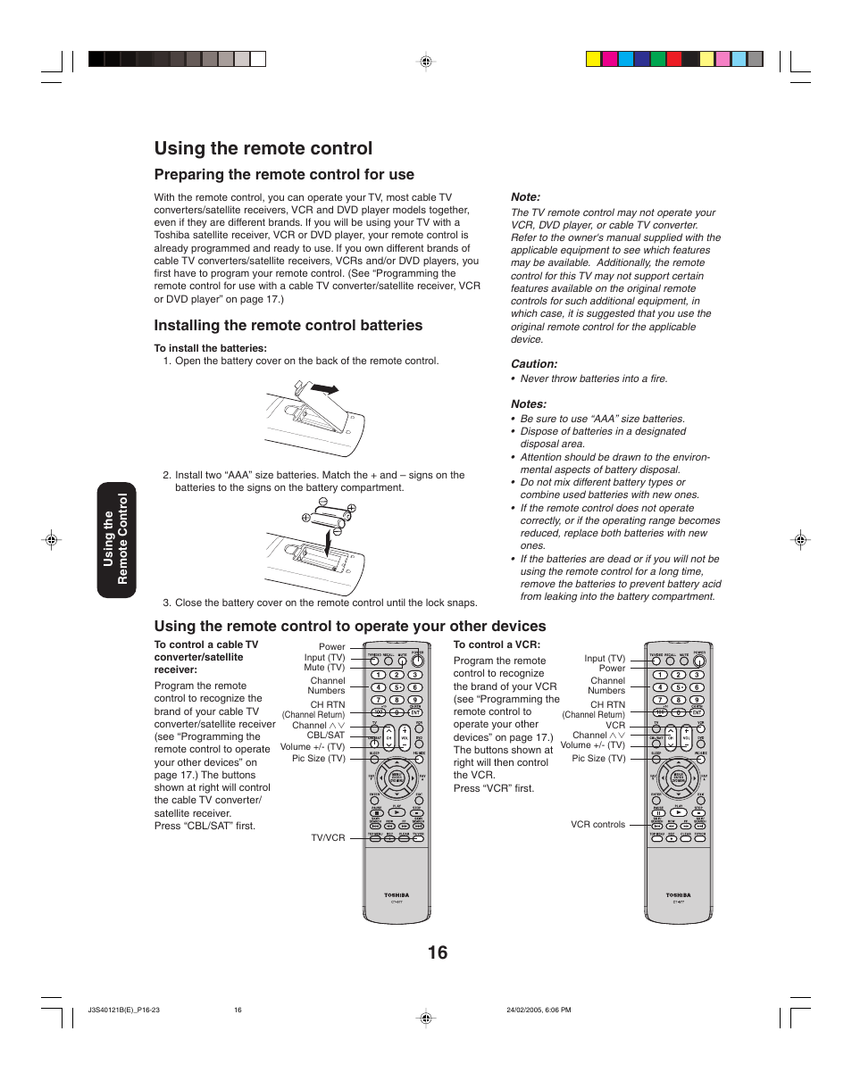 16 using the remote control, Preparing the remote control for use, Installing the remote control batteries | Toshiba 26HF85 User Manual | Page 16 / 44