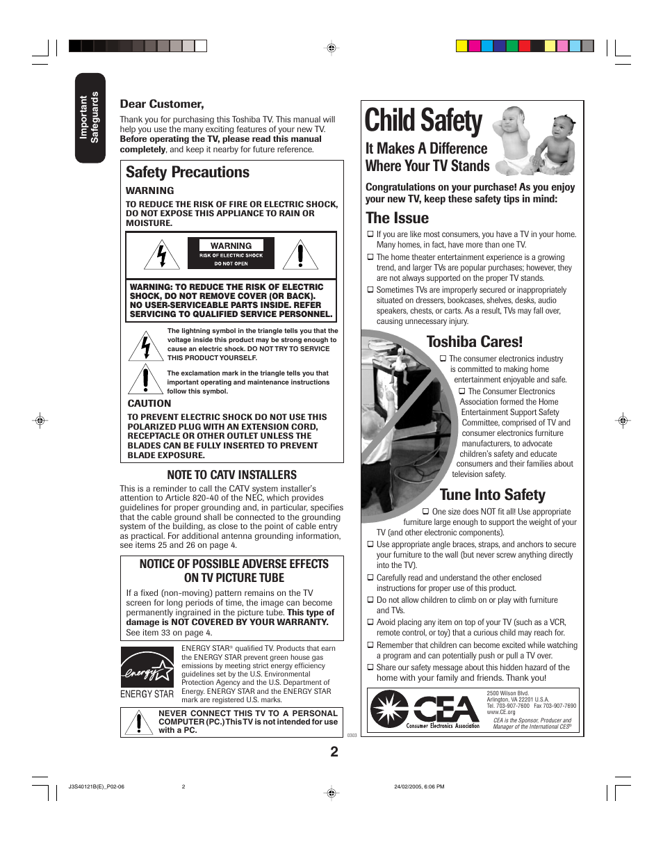 Child safety, It makes a difference where your tv stands, The issue | Toshiba cares, Tune into safety, Safety precautions | Toshiba 26HF85 User Manual | Page 2 / 44