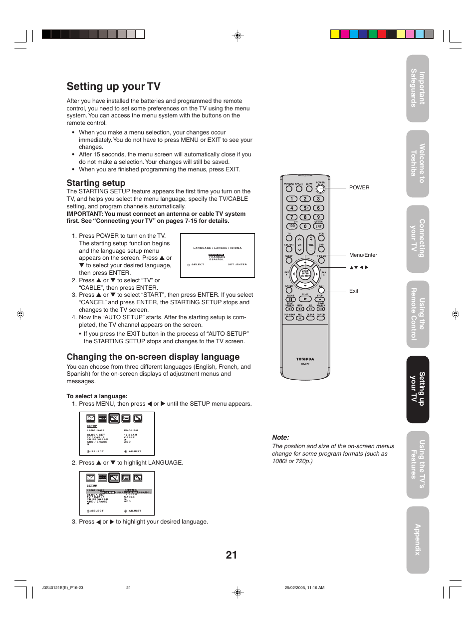 Setting up your tv, Starting setup, Changing the on-screen display language | Toshiba 26HF85 User Manual | Page 21 / 44