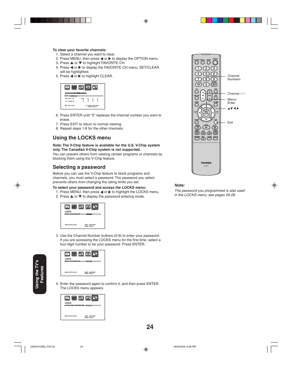 Using the locks menu, Selecting a password | Toshiba 26HF85 User Manual | Page 24 / 44