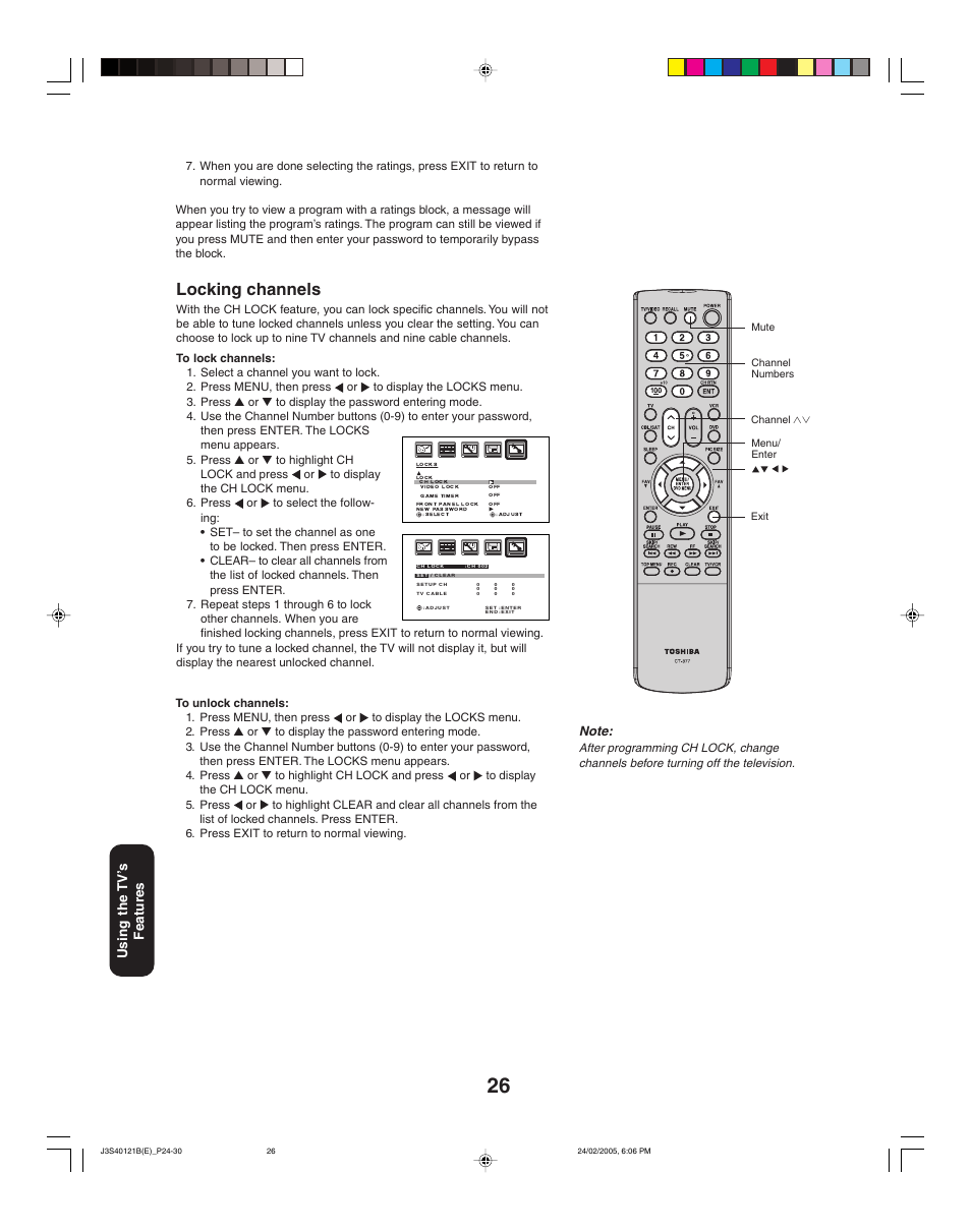 Locking channels, Using the tv ’s features | Toshiba 26HF85 User Manual | Page 26 / 44