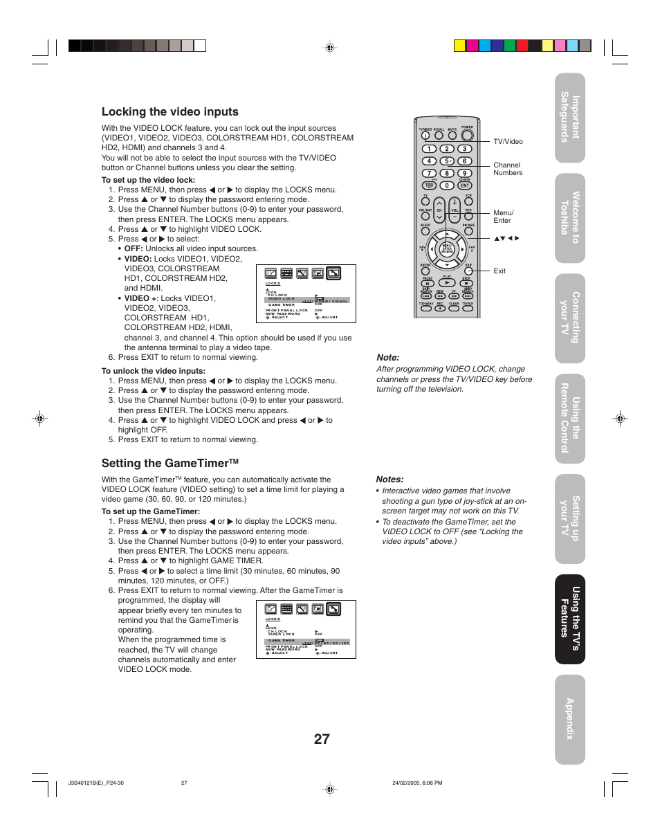Locking the video inputs, Setting the gametimer, Using the tv ’s features | Toshiba 26HF85 User Manual | Page 27 / 44