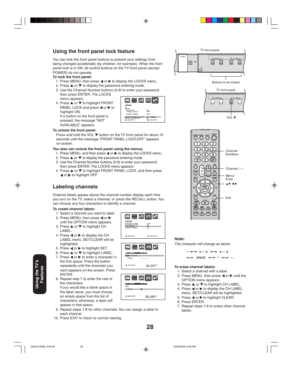 Using the front panel lock feature, Labeling channels, Using the tv ’s features | Toshiba 26HF85 User Manual | Page 28 / 44