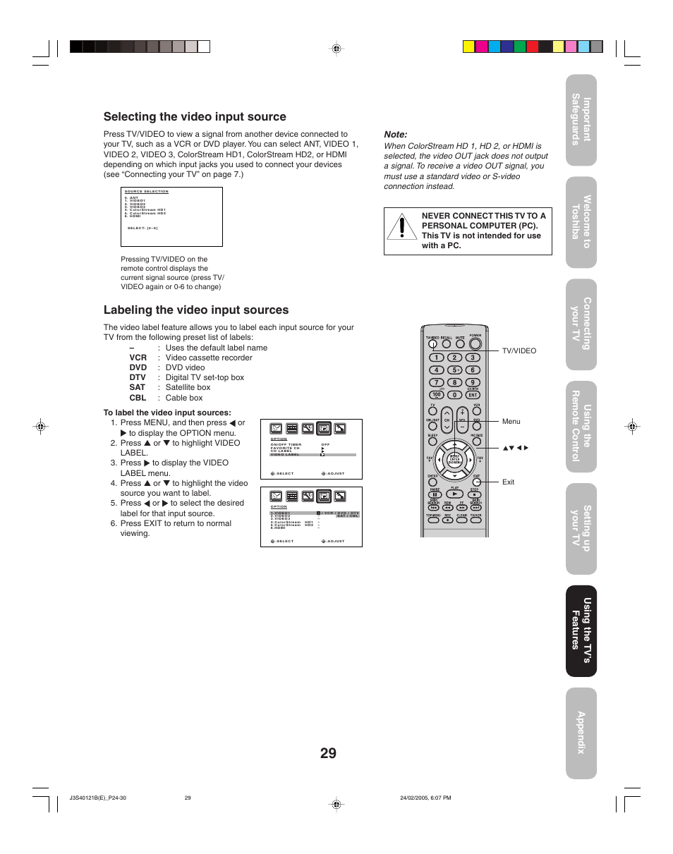 Selecting the video input source, Labeling the video input sources | Toshiba 26HF85 User Manual | Page 29 / 44