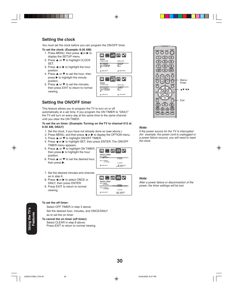Setting the clock, Setting the on/off timer, Using the tv ’s features | Toshiba 26HF85 User Manual | Page 30 / 44