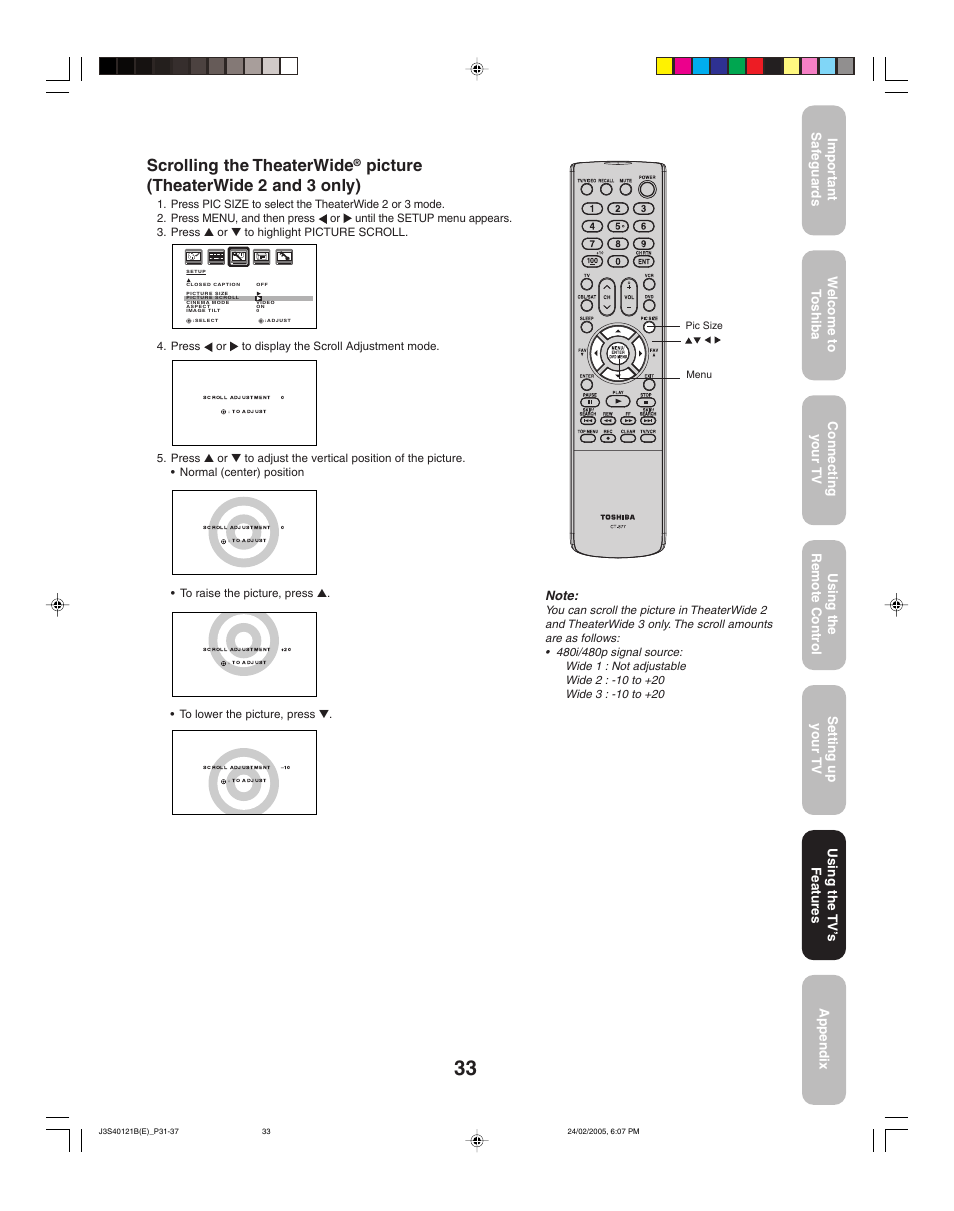 Scrolling the theaterwide, Picture (theaterwide 2 and 3 only) | Toshiba 26HF85 User Manual | Page 33 / 44