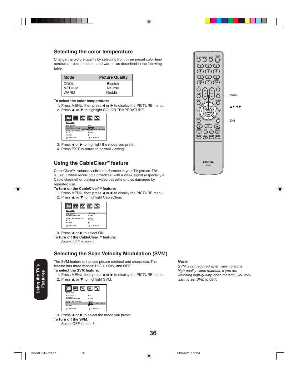 Selecting the color temperature, Using the cableclear, Feature | Selecting the scan velocity modulation (svm), Using the tv ’s features, Mode picture quality | Toshiba 26HF85 User Manual | Page 36 / 44