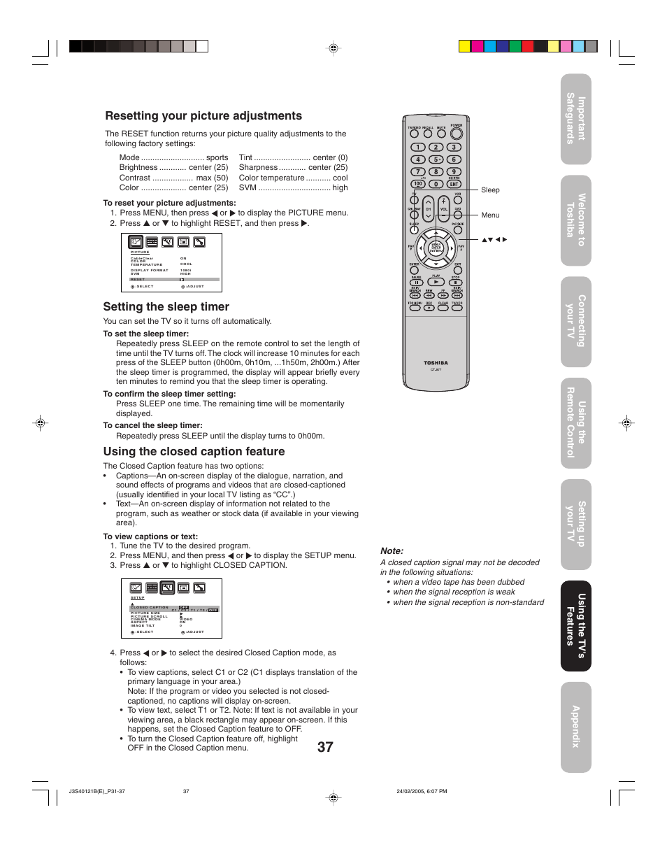 Setting the sleep timer, Using the closed caption feature, Resetting your picture adjustments | Toshiba 26HF85 User Manual | Page 37 / 44