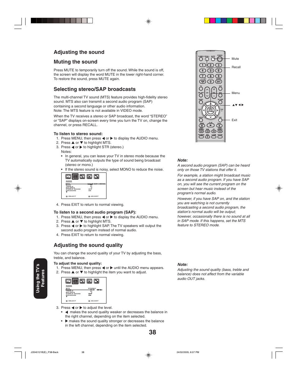 Adjusting the sound quality, Adjusting the sound muting the sound, Selecting stereo/sap broadcasts | Using the tv ’s features | Toshiba 26HF85 User Manual | Page 38 / 44