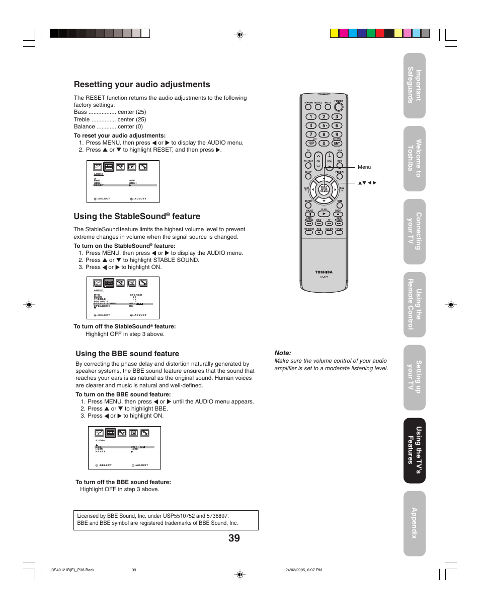 Using the stablesound, Feature, Resetting your audio adjustments | Using the bbe sound feature, Using the tv ’s features | Toshiba 26HF85 User Manual | Page 39 / 44
