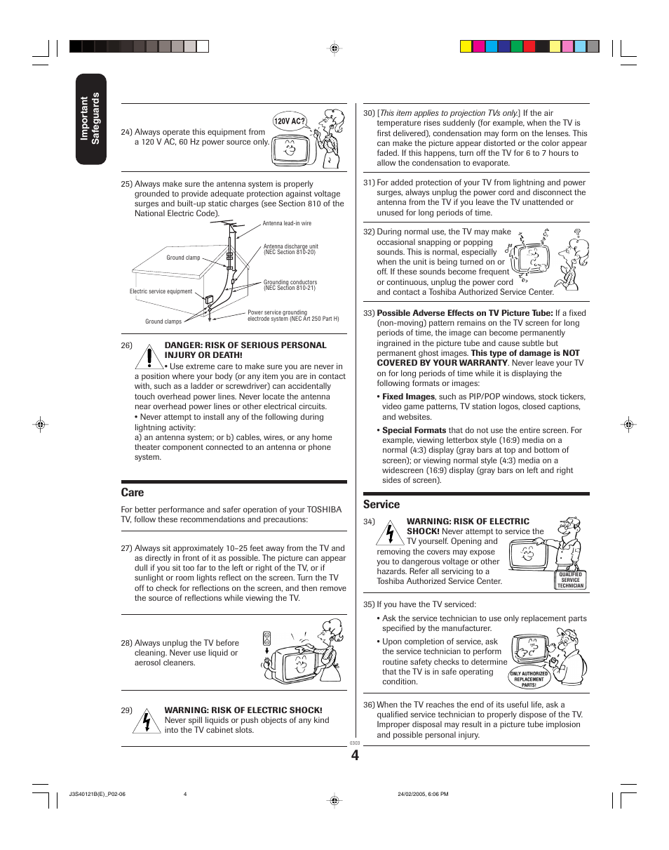 Care, Service | Toshiba 26HF85 User Manual | Page 4 / 44