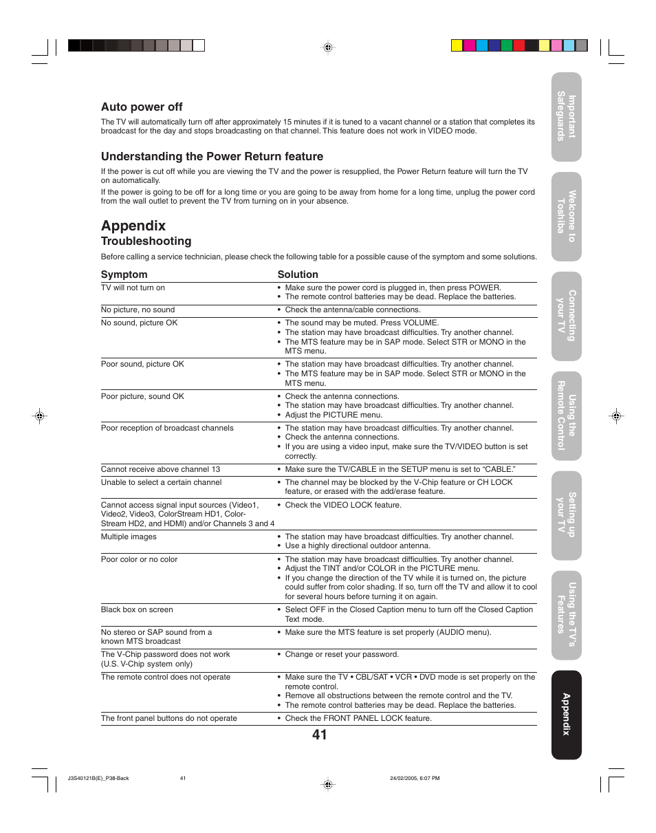 Appendix, Troubleshooting, Auto power off | Understanding the power return feature | Toshiba 26HF85 User Manual | Page 41 / 44