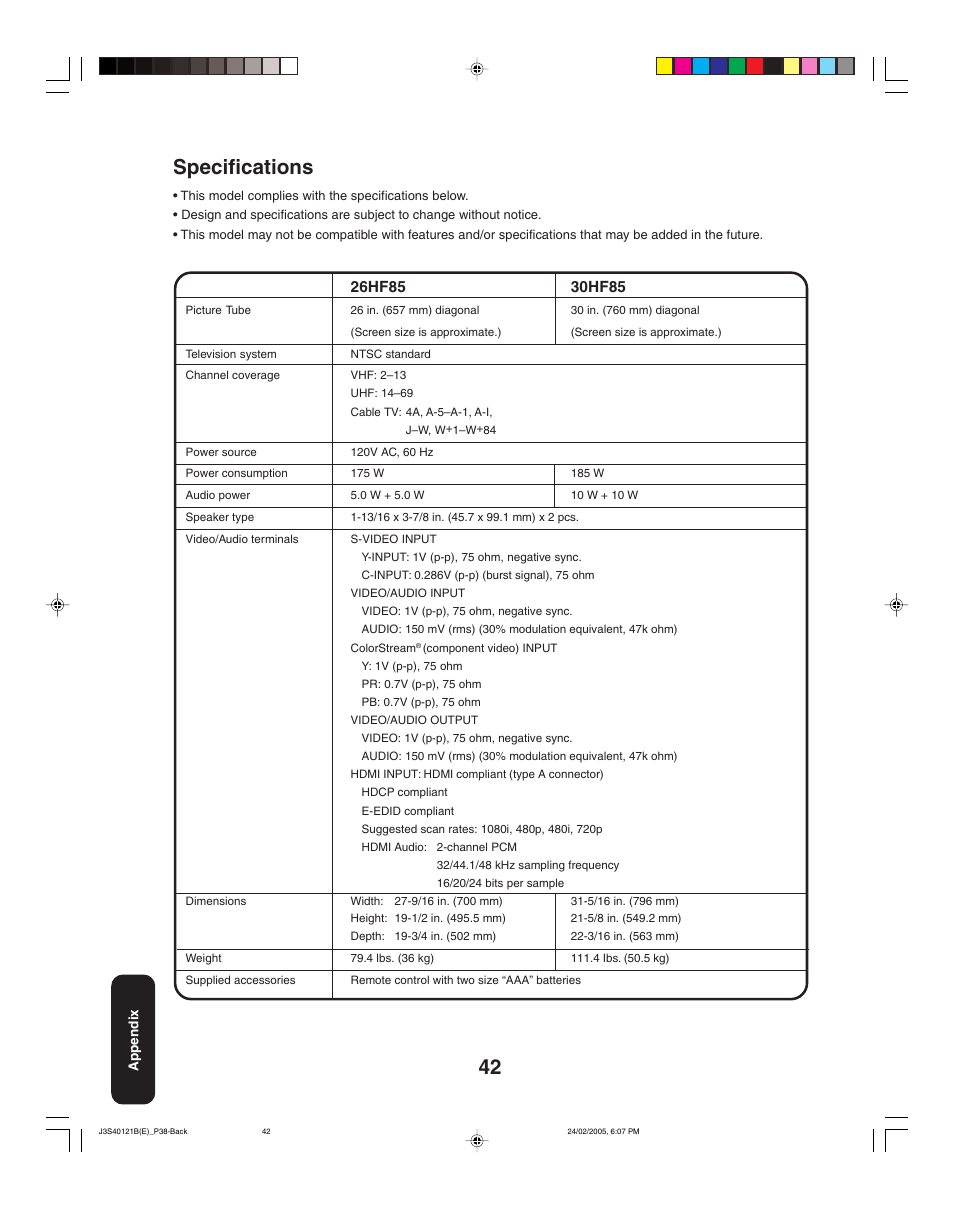 Specifications | Toshiba 26HF85 User Manual | Page 42 / 44