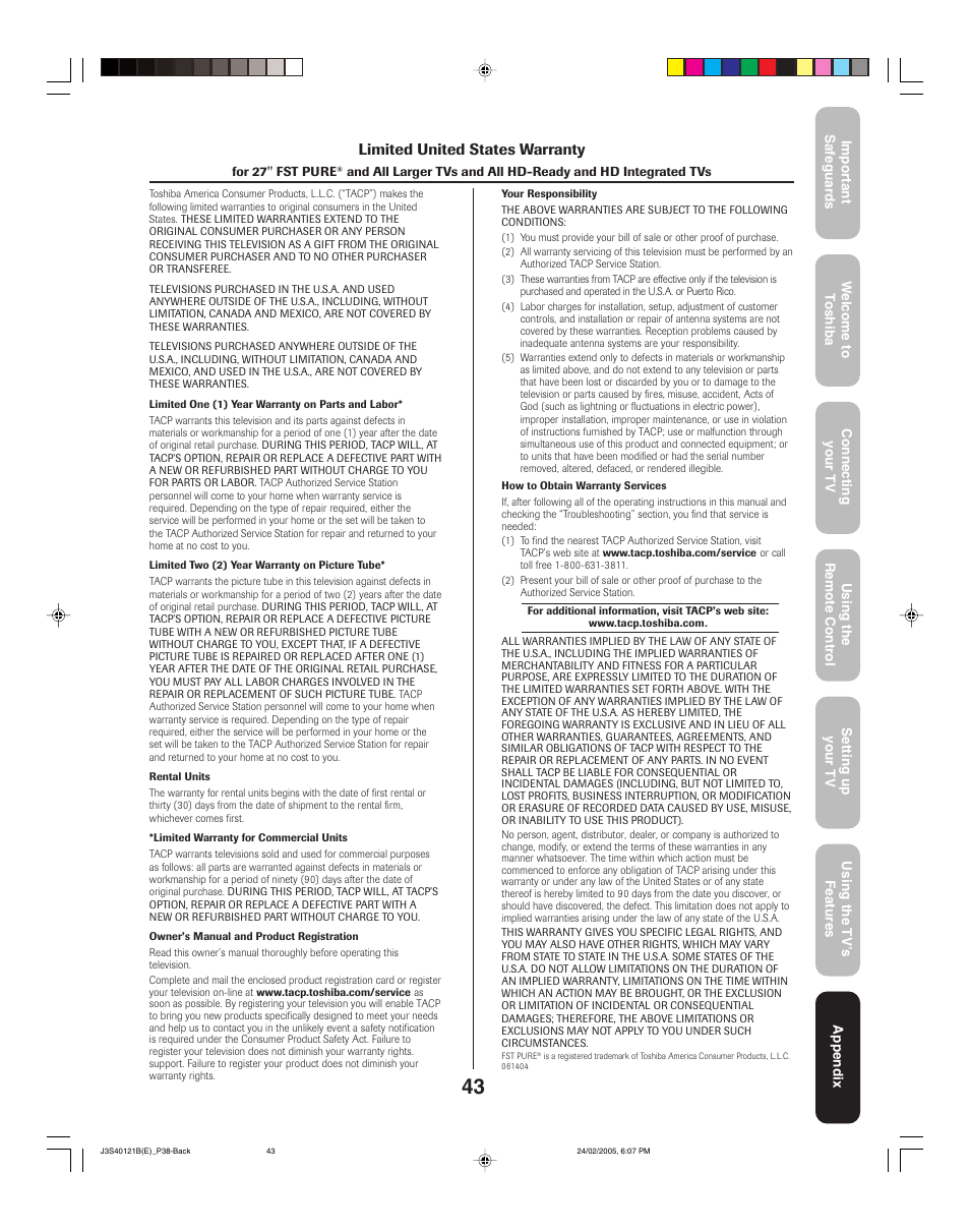 Limited united states warranty | Toshiba 26HF85 User Manual | Page 43 / 44