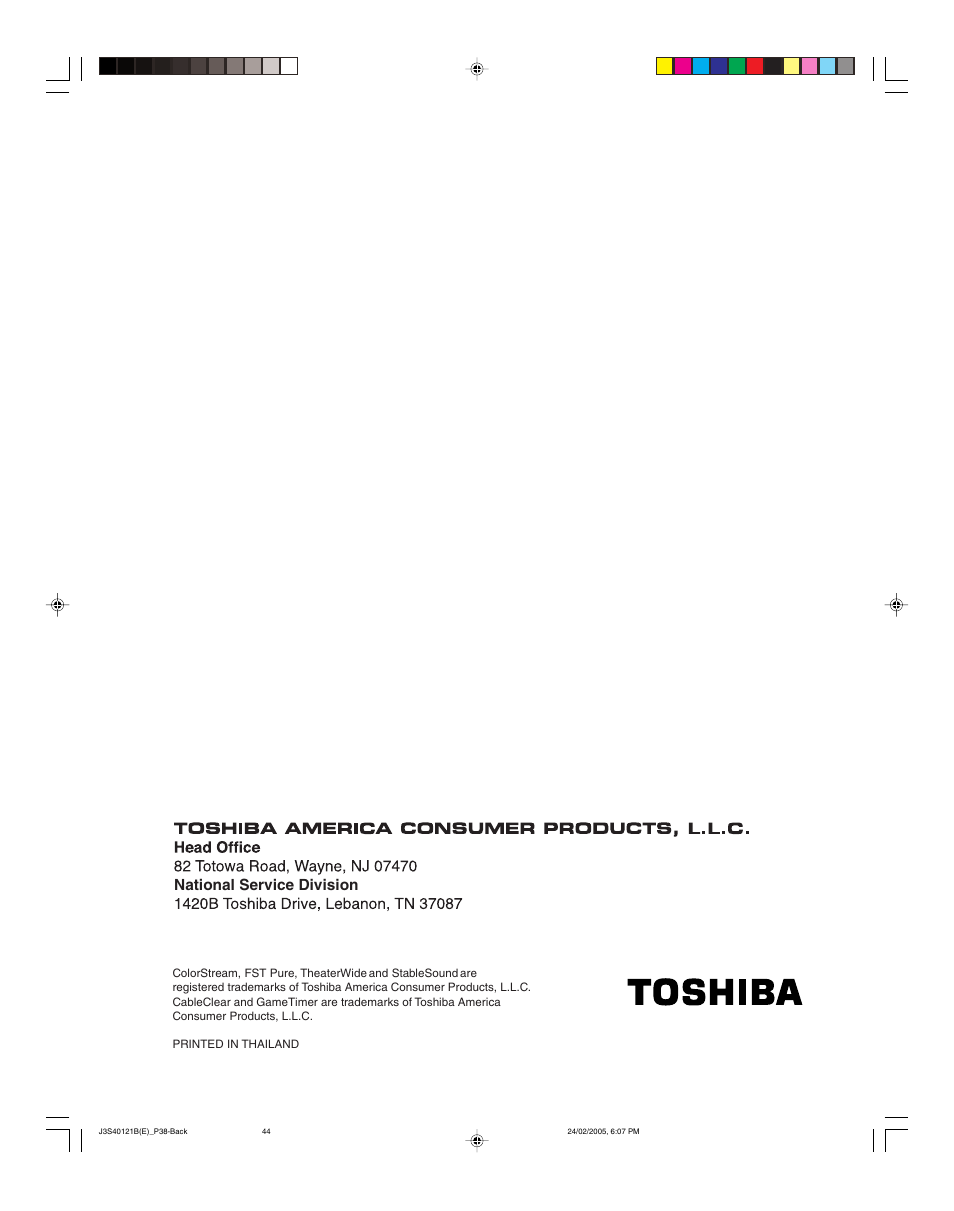 National service division | Toshiba 26HF85 User Manual | Page 44 / 44