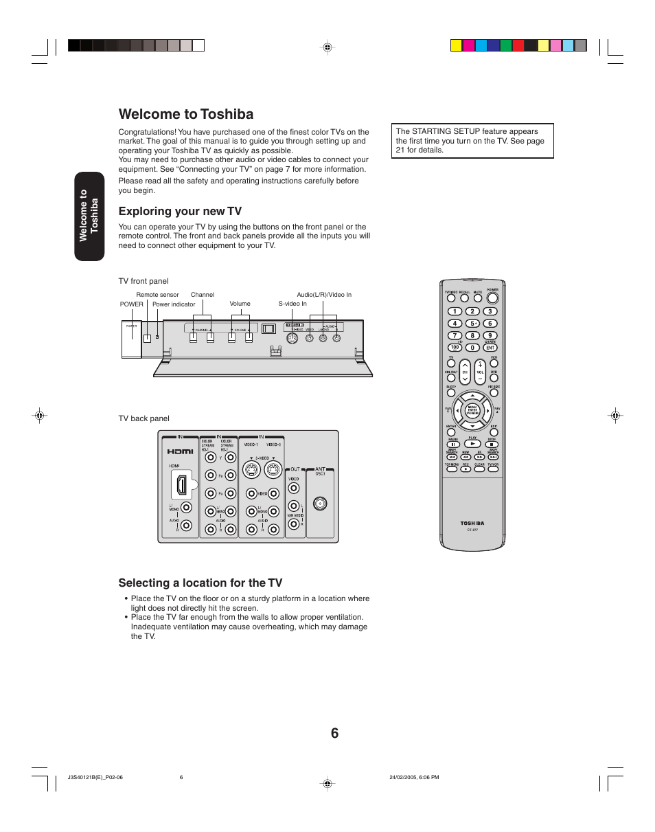 Welcome to toshiba, Selecting a location for the tv, Exploring your new tv | Toshiba 26HF85 User Manual | Page 6 / 44