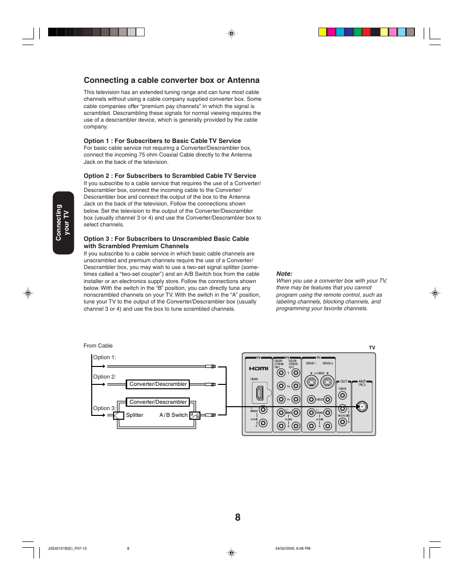 Connecting a cable converter box or antenna | Toshiba 26HF85 User Manual | Page 8 / 44