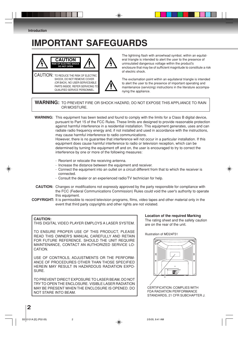 Important safeguards, Warning | Toshiba MD24F51 User Manual | Page 2 / 56