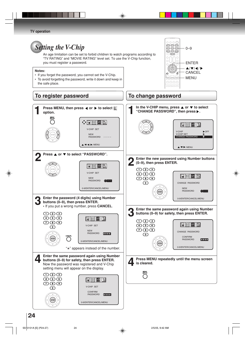 Setting the v-chip | Toshiba MD24F51 User Manual | Page 24 / 56